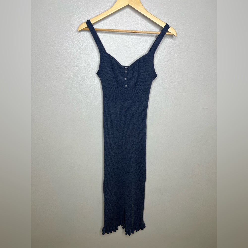 Anthropologie Daily Practice Blue Bodycon Ribbed Knit Ruffle Hem Dress Medium